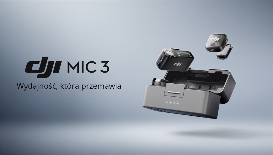 System mikrofonów bezprzewodowych DJI Mic 3 2 TX + 2 RX + Etui ładujące czarny grafika przedstawia produkt pod skosem